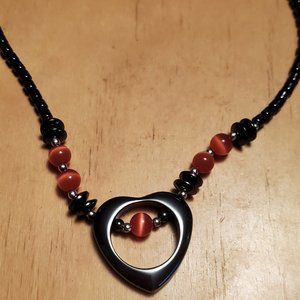 18" Hematite Orange Cats Eye Strand Necklace Heart
